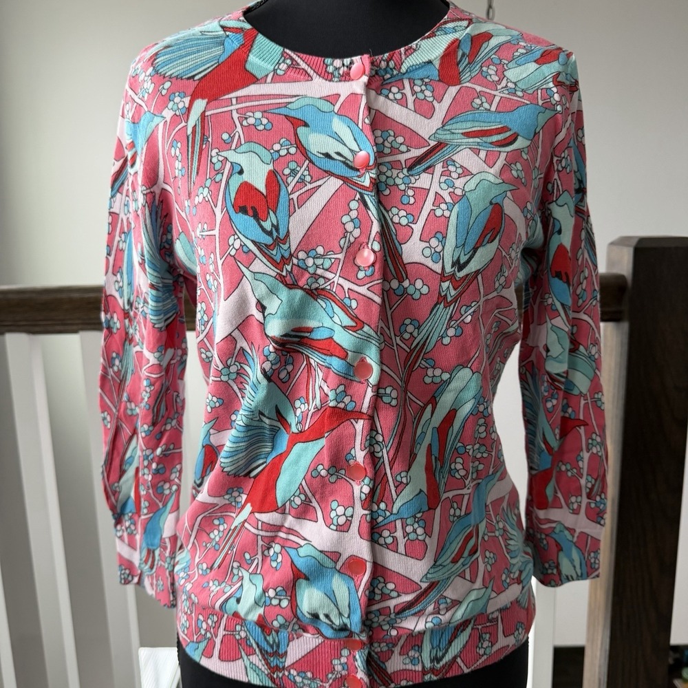 Talbots Bird Pink Blue 3/4 Sleeve Cardigan Sweater Small Petite Novelty Cottage - Picture 2 of 8